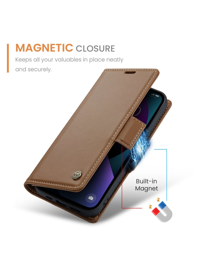 Flip Wallet Case for iPhone 15, Leather Magnetic Attachment Flip Case Brown - Image 2