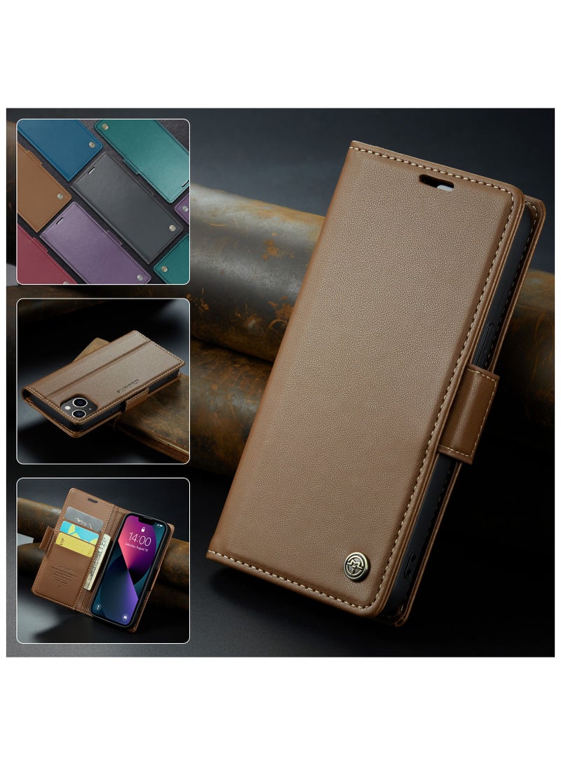 Flip Wallet Case for iPhone 15, Leather Magnetic Attachment Flip Case Brown - Image 3