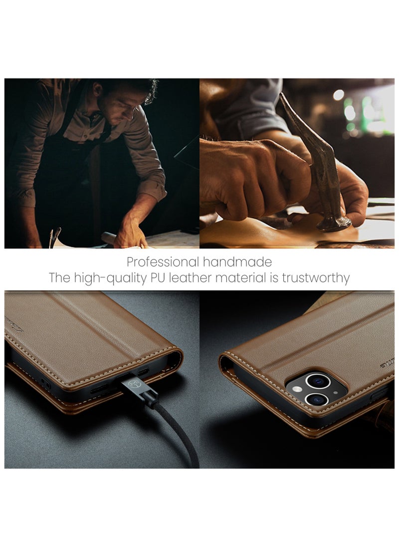 Generic - Flip Wallet Case for iPhone 15, Leather Magnetic Attachment Flip Case Brown - Image 1