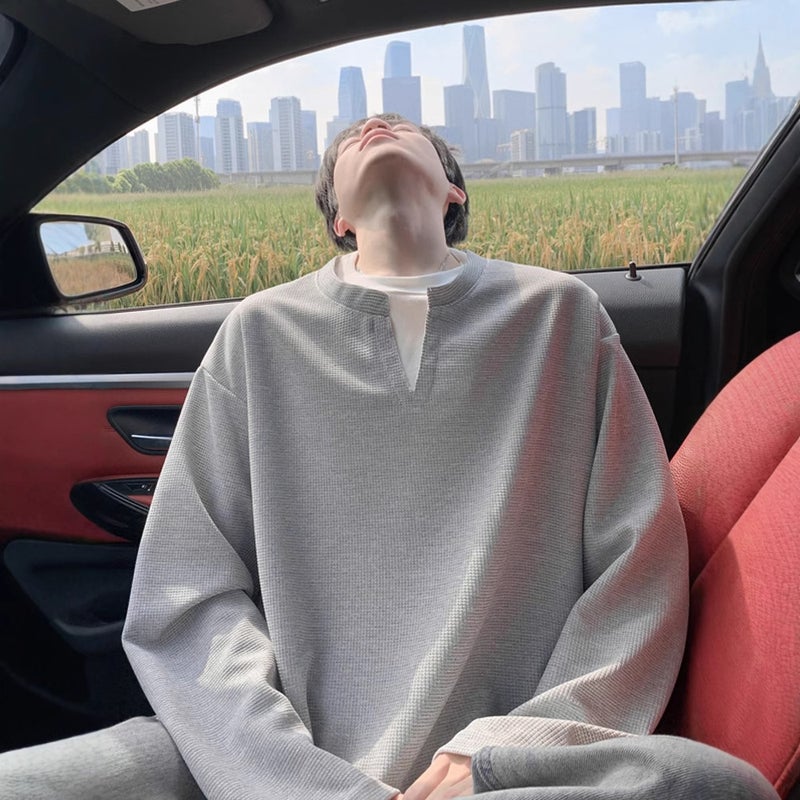 Fake Two-piece V-neck Long-sleeved T-shirt Mens Spring and Autumn Vintage Fashion Brand American-style cleanfit Loose plus size Casual Sweatshirt Grey - Image 1