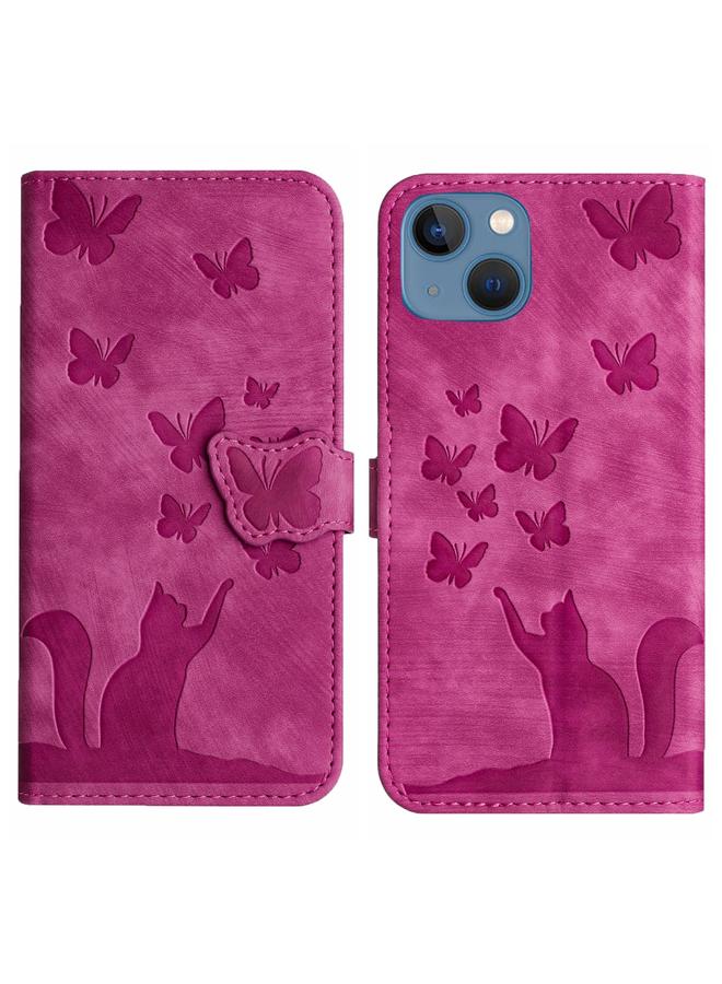 اس-توب جراب هاتف iPhone 13 من الجلد القابل للطي بنقشة فراشة وقط - Image 1