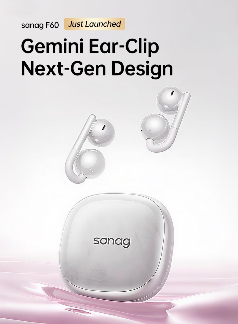 sanag F60 Open-Ear Clip Earbuds, 4.5g Ultra-Light Comfort, 40H Long Battery, Hi-Pure Sound, Fashionable Design, Clear Call, Noise Resistance, Bluetooth 6.0, IPX5 Waterproof, Smart App Control, Anti-Loss Feature, iOS And Android, White - Image 1