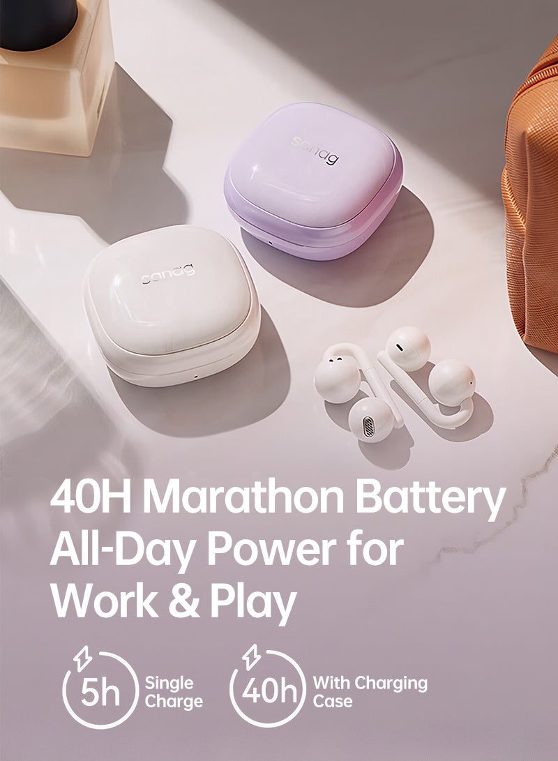 sanag F60 Open-Ear Clip Earbuds, 4.5g Ultra-Light Comfort, 40H Long Battery, Hi-Pure Sound, Fashionable Design, Clear Call, Noise Resistance, Bluetooth 6.0, IPX5 Waterproof, Smart App Control, Anti-Loss Feature, iOS And Android, White - Image 5