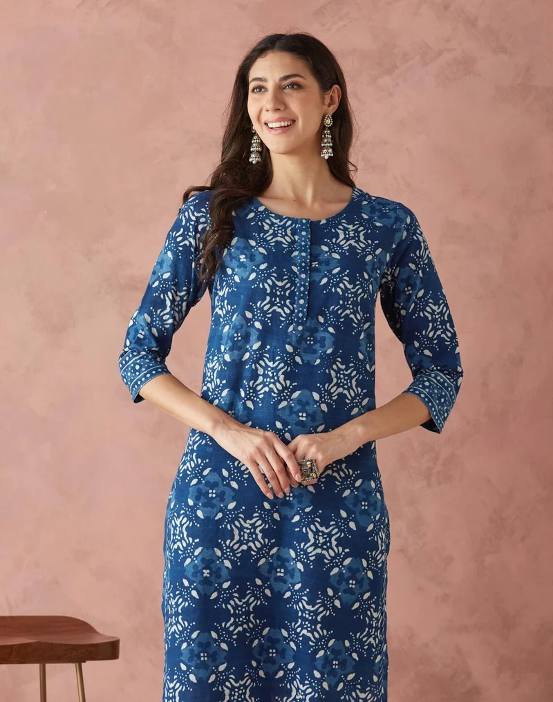 Fabindia Cotton Dabu Printed Knee Length Kurta