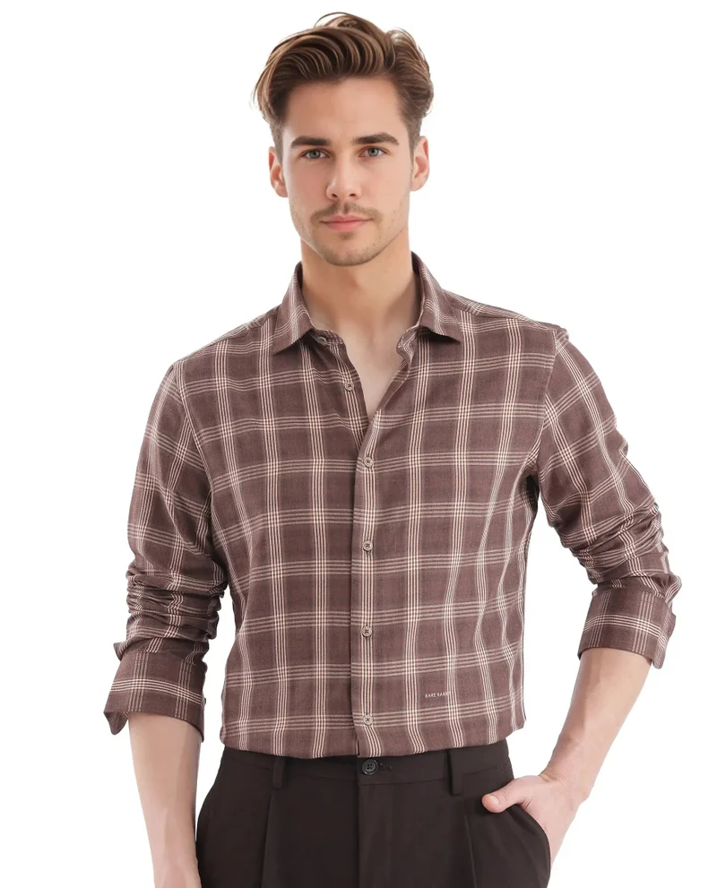 Rare Rabbit Rare Rabbit  Men's Polaz Brown Cotton Fabric Full Sleeve Regular Fit Checks Shirt