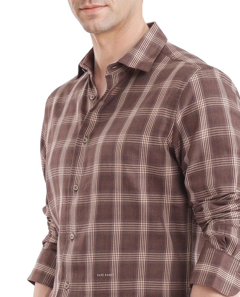 رير رابِت Rare Rabbit  Men's Polaz Brown Cotton Fabric Full Sleeve Regular Fit Checks Shirt