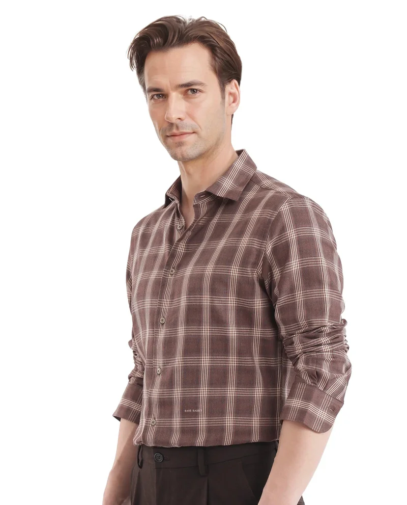 رير رابِت Rare Rabbit  Men's Polaz Brown Cotton Fabric Full Sleeve Regular Fit Checks Shirt