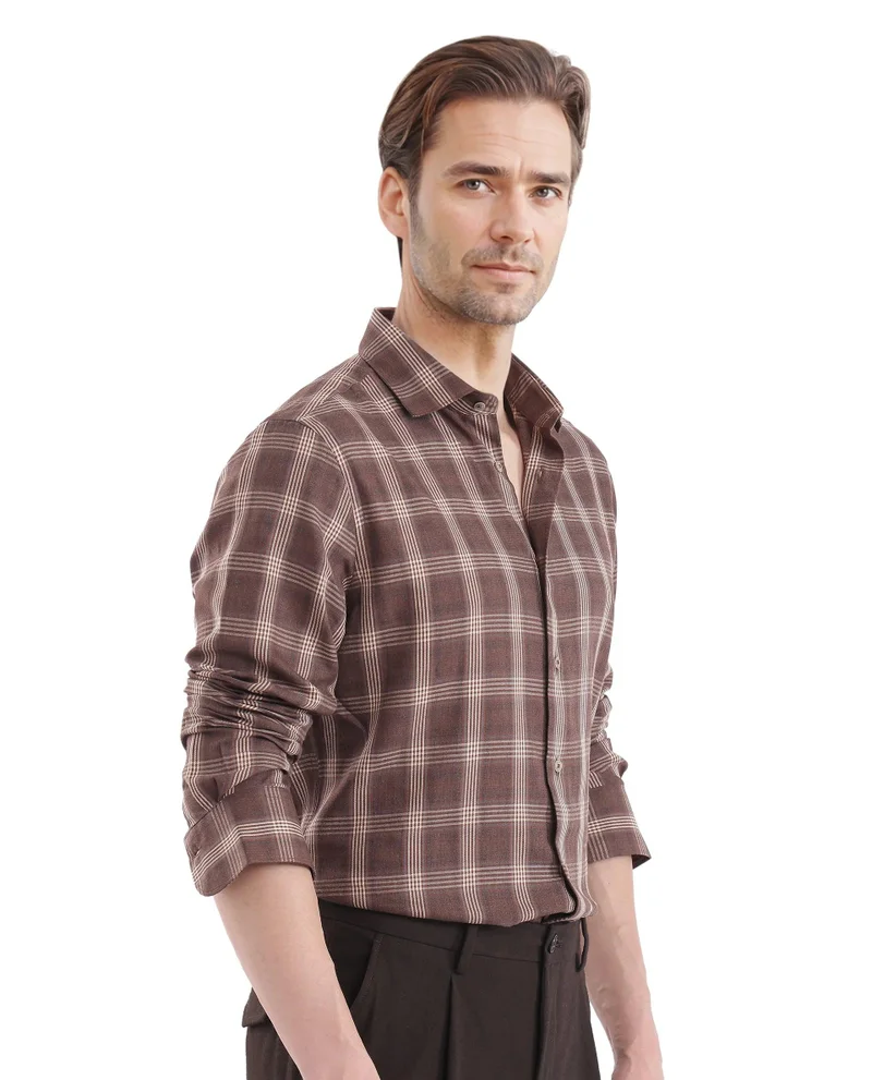 رير رابِت Rare Rabbit  Men's Polaz Brown Cotton Fabric Full Sleeve Regular Fit Checks Shirt
