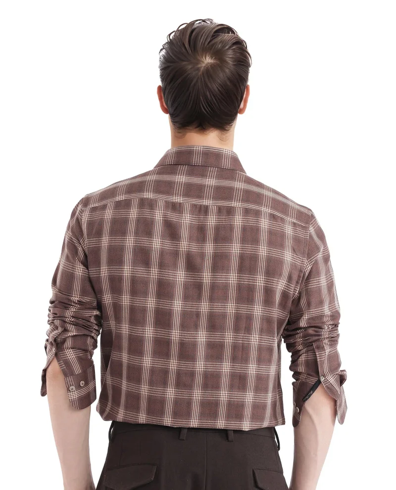 رير رابِت Rare Rabbit  Men's Polaz Brown Cotton Fabric Full Sleeve Regular Fit Checks Shirt