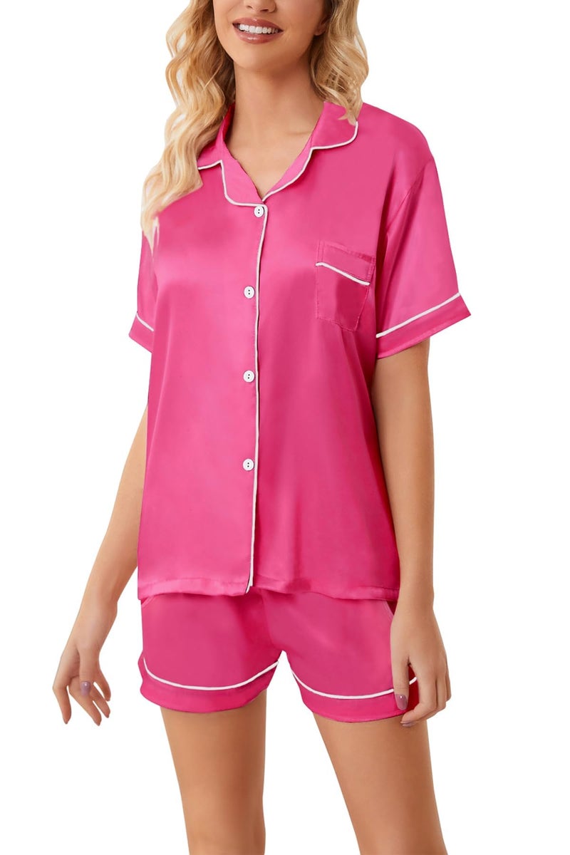 Schbbbta Pajamas Set for Girls Silk Button Down Pjs Satin Short Sleeve Sleepwear 2 Piece Lounge Sets, Hot Pink, 11-12 Years - Image 4