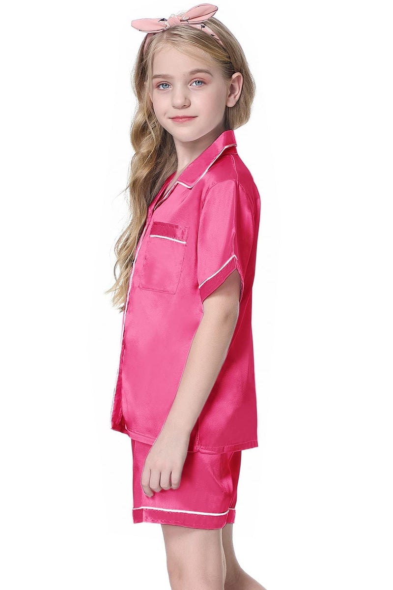 Schbbbta Pajamas Set for Girls Silk Button Down Pjs Satin Short Sleeve Sleepwear 2 Piece Lounge Sets, Hot Pink, 11-12 Years - Image 3
