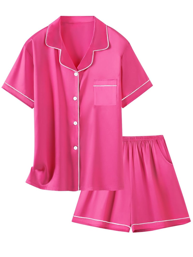 Schbbbta Pajamas Set for Girls Silk Button Down Pjs Satin Short Sleeve Sleepwear 2 Piece Lounge Sets, Hot Pink, 11-12 Years - Image 1