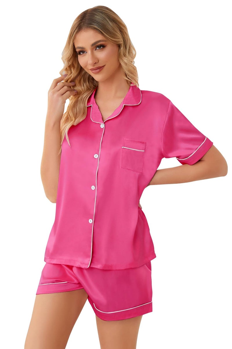 Schbbbta Pajamas Set for Girls Silk Button Down Pjs Satin Short Sleeve Sleepwear 2 Piece Lounge Sets, Hot Pink, 11-12 Years - Image 5