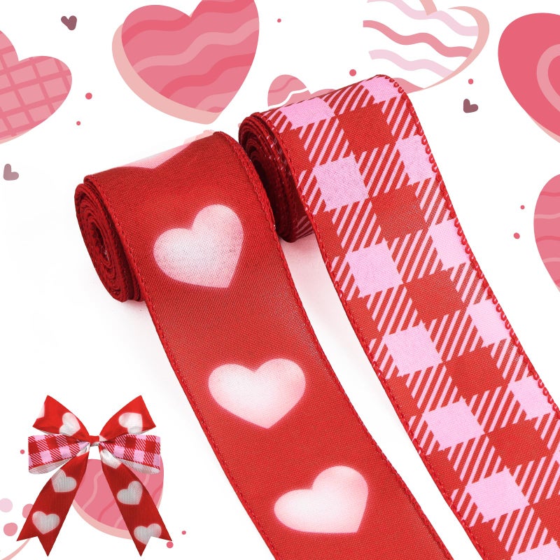 Heureppy 2 Rolls Valentine's Day Fabric Ribbons Pink Plaids Burlap Hearts Linen Ribbons Valentines Edge Wired Decor Ribbons for Valentine's Day Party Wedding Gift Wrapping Crafts Decoration Supplies 5 Yards - Image 1