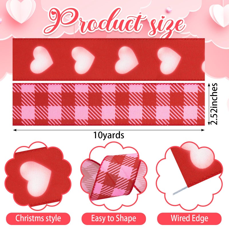 Heureppy 2 Rolls Valentine's Day Fabric Ribbons Pink Plaids Burlap Hearts Linen Ribbons Valentines Edge Wired Decor Ribbons for Valentine's Day Party Wedding Gift Wrapping Crafts Decoration Supplies 5 Yards - Image 2