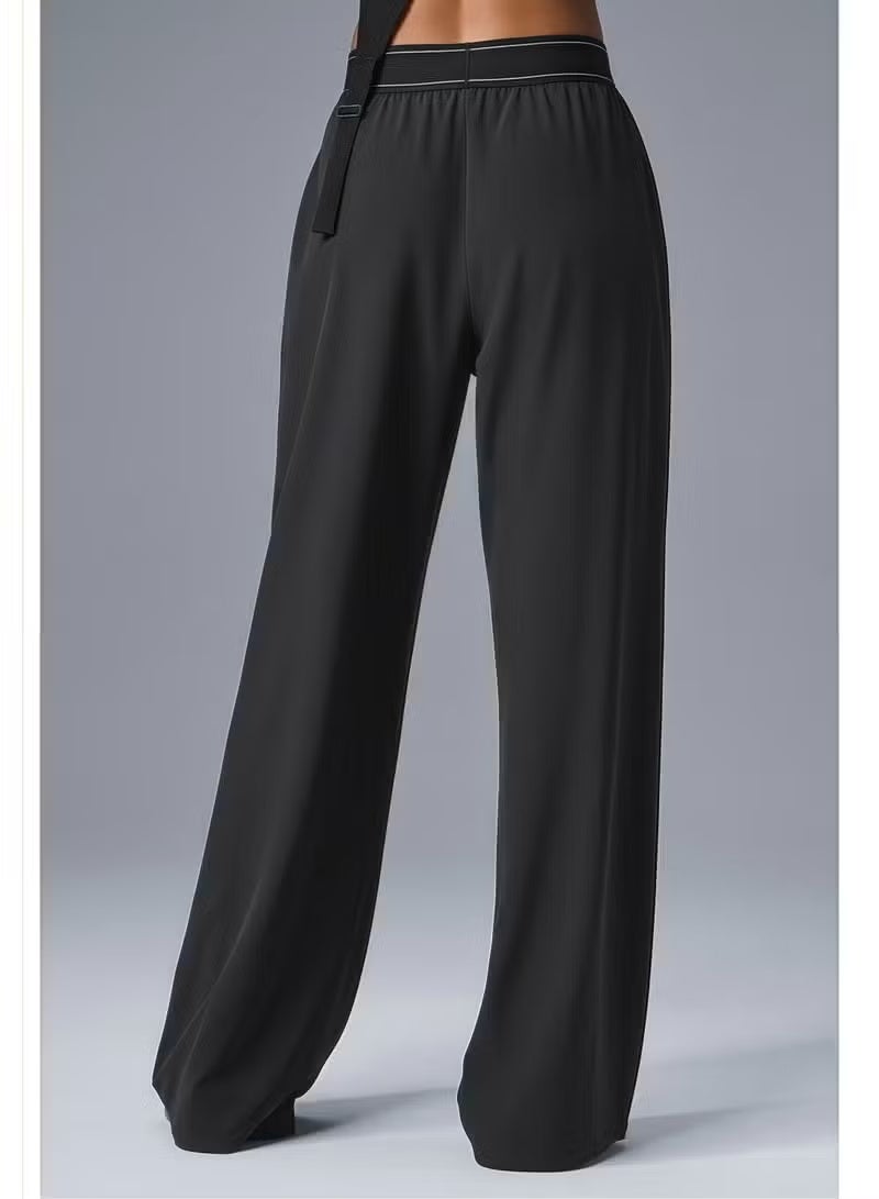 Alo Yoga High-Rise Logo Elastic Waist Yoga Pants - Women's Lightweight Wide-Leg Athletic Trousers with Breathable Fabric for Yoga, Lounge & Casual Wear - Image 4