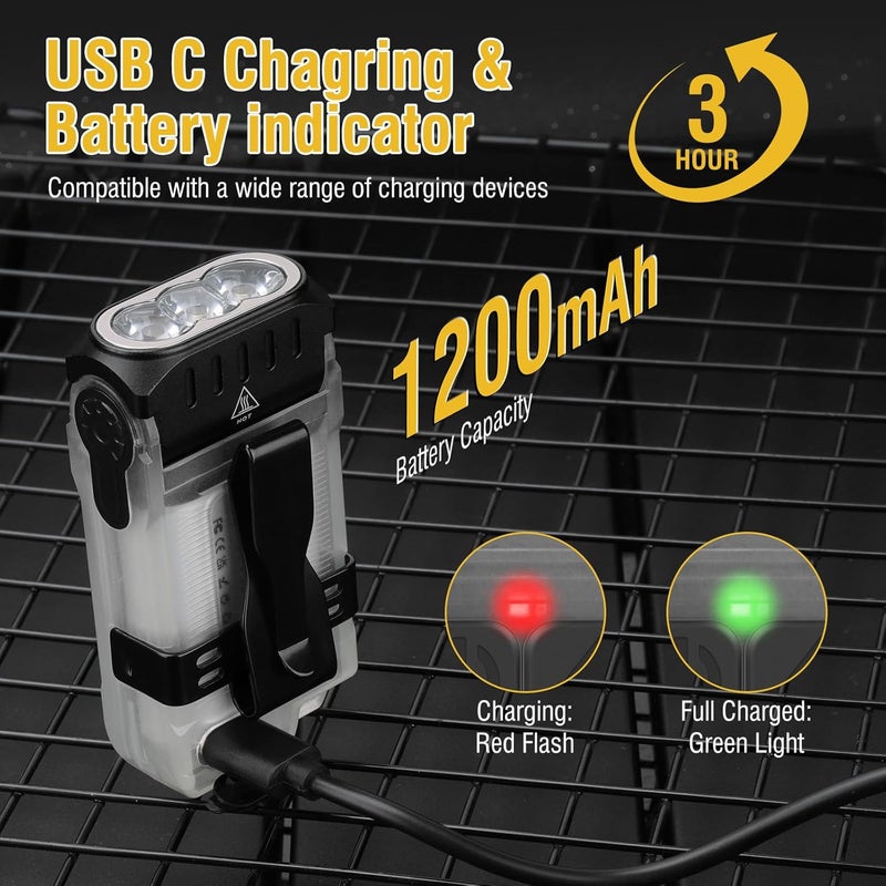BORUIT V15 LED Small Powerful EDC Flashlight with Warm White Red Light,Bright 1200LM USB C Rechargeable 10 Modes Mini Pocket Keychain Flash Light with Clip,IP67 Waterproof,80°Head Swivels,Tail Magnet - Image 4