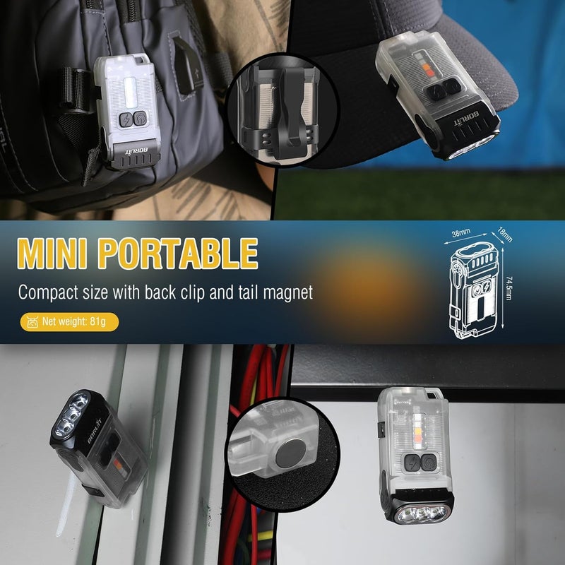 BORUIT V15 LED Small Powerful EDC Flashlight with Warm White Red Light,Bright 1200LM USB C Rechargeable 10 Modes Mini Pocket Keychain Flash Light with Clip,IP67 Waterproof,80°Head Swivels,Tail Magnet - Image 5