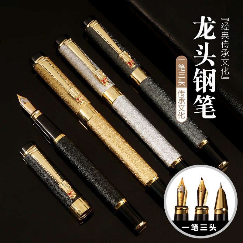 Three-Piece Set Of Dragon Head Pen For Men And Women With High Color Value For Students Business Office Signature Calligraphy Art Metal Pen Set - Image 3