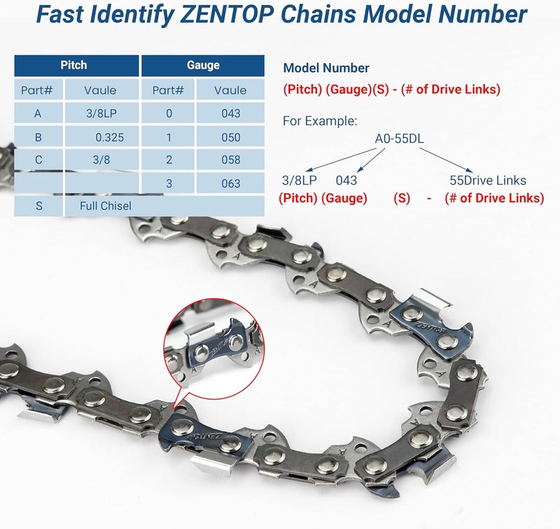 Zentop سلسلة منشار كهربائي 14 بوصة، 3/8" LP، 043" قياس، 52 وصلة دفع، منخفضة الارتداد، تناسب ميلووكي، ريوبي، وأكثر - R52 (3 سلسلة) - Image 5