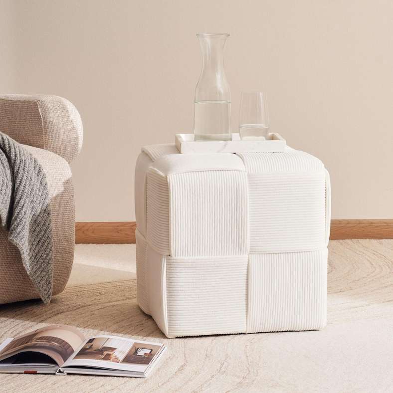 Pan Home Rib Velvet Pouf - White