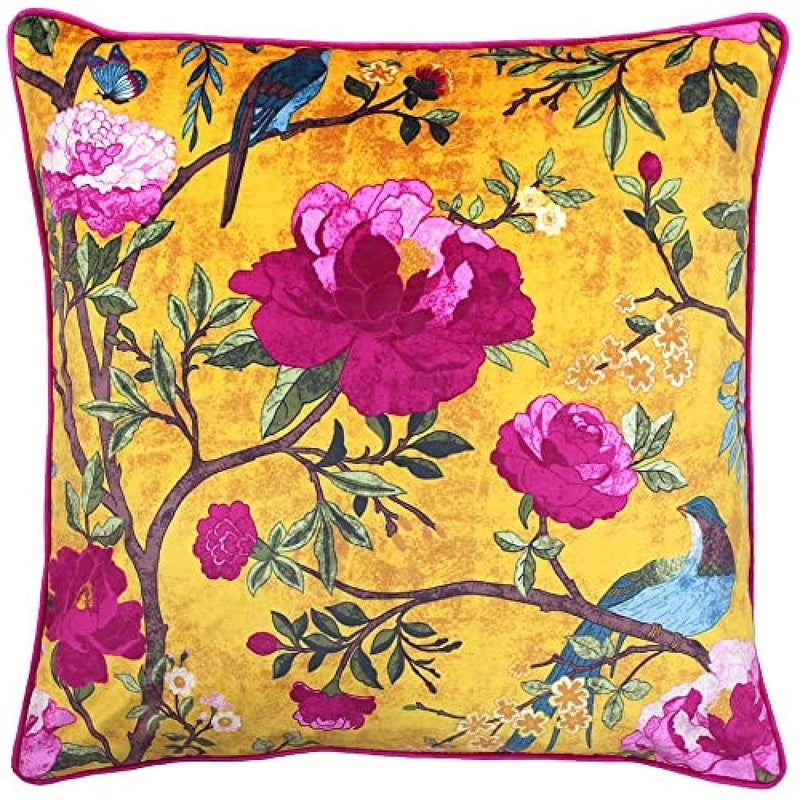 Riva Paoletti Chinoiserie Cushion Cover  Gold Yellow  Chinoiserie Flower Bird Print  Piped Edges  Machine Washable  100 Polyester  50 X 50cm 20 X 20 Inches  Designed in the UK