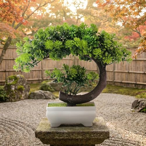 Dekorly Artificial Fake Bonsai Potted Japanese Pine Bookshelf Decor, Artificial Bonsai Plant for Office Tabletop Decor | Indoor Cabinet Decoration | C Shape Plant (Green-2D, Height : Upto 22CM) - Image 5