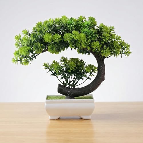 Dekorly Artificial Fake Bonsai Potted Japanese Pine Bookshelf Decor, Artificial Bonsai Plant for Office Tabletop Decor | Indoor Cabinet Decoration | C Shape Plant (Green-2D, Height : Upto 22CM) - Image 1
