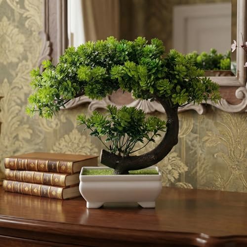 Dekorly Artificial Fake Bonsai Potted Japanese Pine Bookshelf Decor, Artificial Bonsai Plant for Office Tabletop Decor | Indoor Cabinet Decoration | C Shape Plant (Green-2D, Height : Upto 22CM) - Image 2
