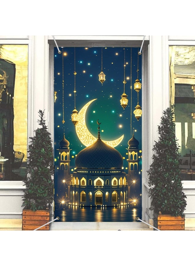 OMEVE Eid Mubarak Door Covers Ramadan Decorations Moon and Stars Mosque Lat Islamic Decorative Door Banner Holiday Decorative Patterns Supplies for Home Office (90 x 180 cm) - Image 2