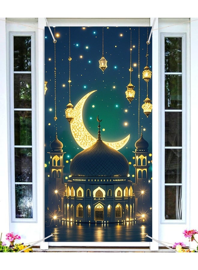 OMEVE Eid Mubarak Door Covers Ramadan Decorations Moon and Stars Mosque Lat Islamic Decorative Door Banner Holiday Decorative Patterns Supplies for Home Office (90 x 180 cm) - Image 3