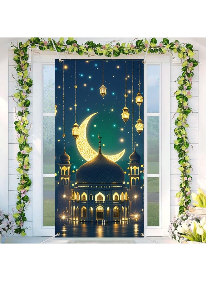 OMEVE Eid Mubarak Door Covers Ramadan Decorations Moon and Stars Mosque Lat Islamic Decorative Door Banner Holiday Decorative Patterns Supplies for Home Office (90 x 180 cm) - Image 5
