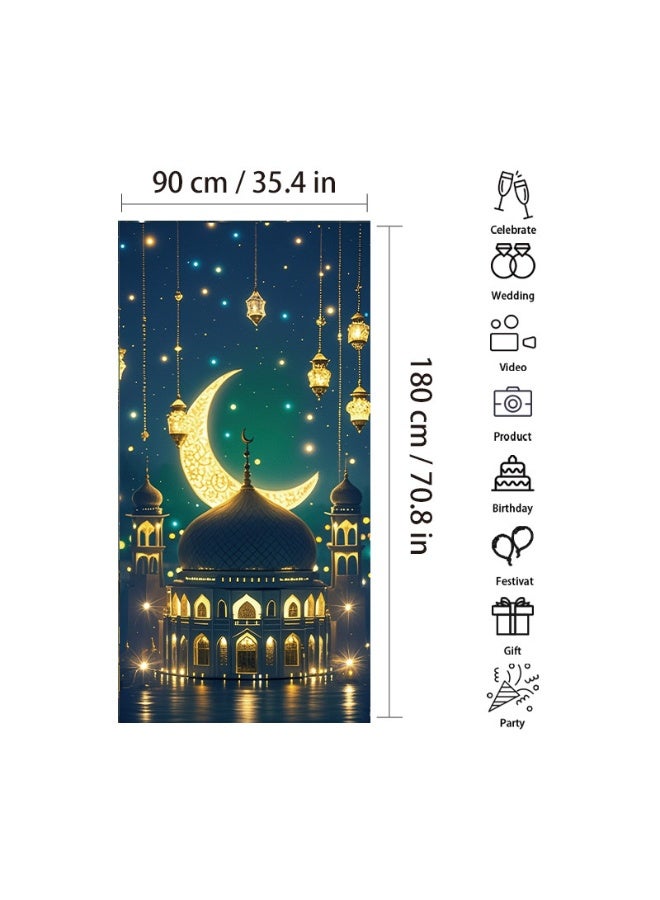 OMEVE Eid Mubarak Door Covers Ramadan Decorations Moon and Stars Mosque Lat Islamic Decorative Door Banner Holiday Decorative Patterns Supplies for Home Office (90 x 180 cm) - Image 4
