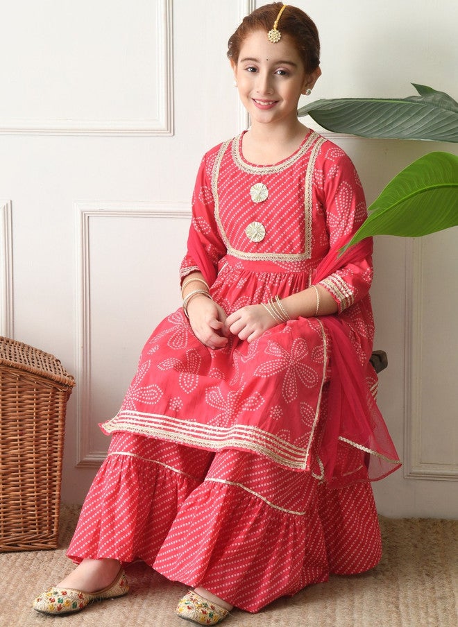 Indi-Loom Couture Girls Ethnic Motifs Printed Empire Gotta Patti Pure Cotton Kurta with Sharara & Dupatta - Image 5