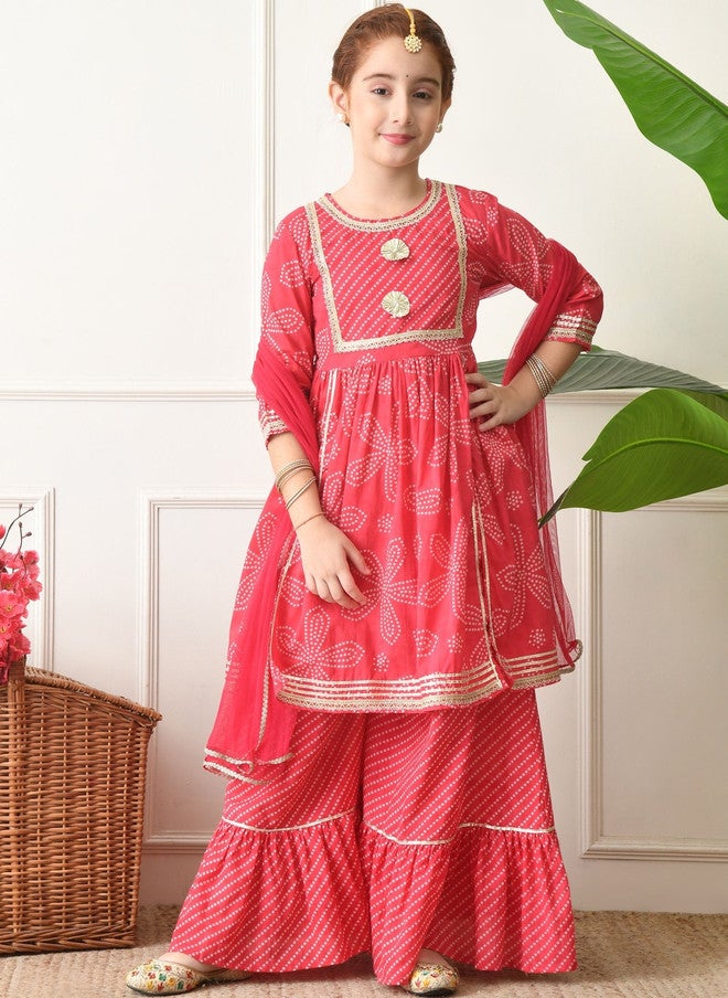 Indi-Loom Couture Girls Ethnic Motifs Printed Empire Gotta Patti Pure Cotton Kurta with Sharara & Dupatta - Image 1