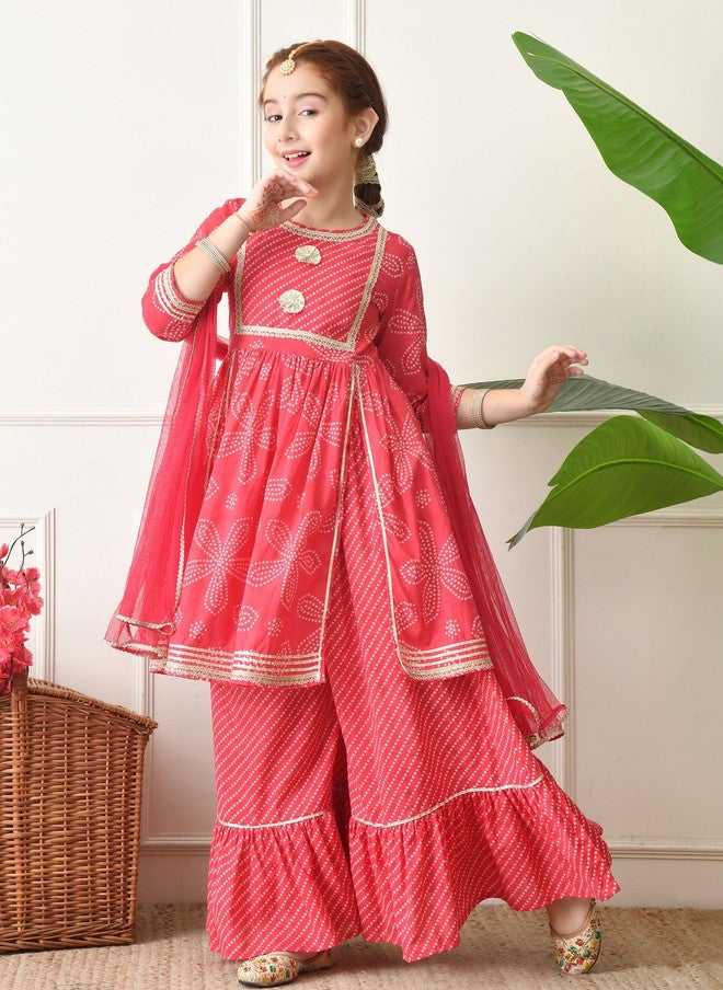 Indi-Loom Couture Girls Ethnic Motifs Printed Empire Gotta Patti Pure Cotton Kurta with Sharara & Dupatta - Image 2