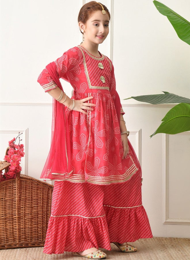 Indi-Loom Couture Girls Ethnic Motifs Printed Empire Gotta Patti Pure Cotton Kurta with Sharara & Dupatta - Image 3