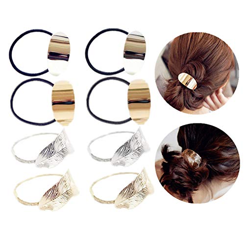 JinYu 8 Pcs Metal Leaf Hair Rope Hairband Ponytail Holder Hair Ring Crystal Elastic Rubber Band Hair Tie Hair Headdress Hair Accessories -2 Styles Gold and Silver - Image 1