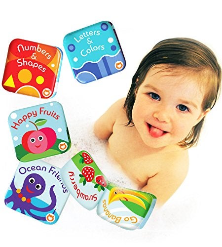 BabyBibi Floating Baby Bath Books Set of 4 Bath Books for Babies Infants Waterproof MoldFree Bath Toys for Learning Early Education Fruit Ocean ABC Numbers Books