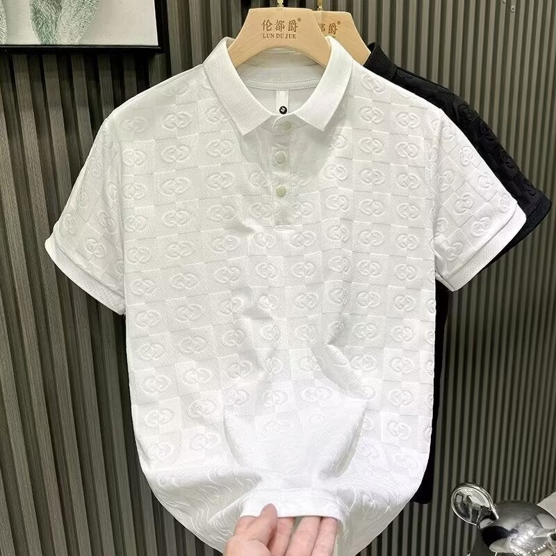 European Trendy Brand Summer Polo Shirt Short-Sleeved Mens Versatile New Casual Lapel Business Jacquard T-Shirt for Men White high quality