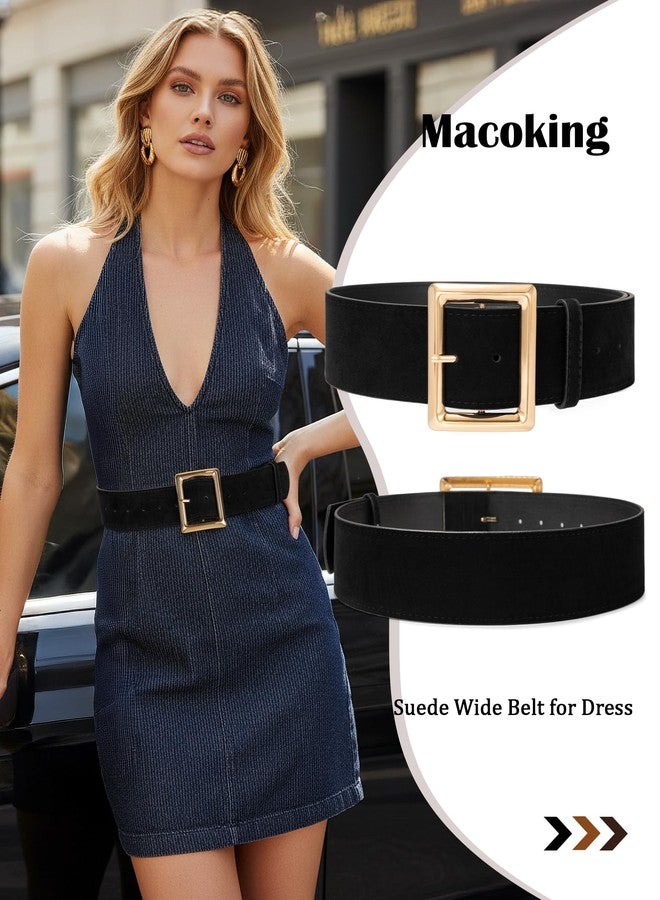 macoking Womens Wide Chunky Black Suede Belt with Gold Buckle, Thick Waist Belt for Dresses Skirt M - Image 2