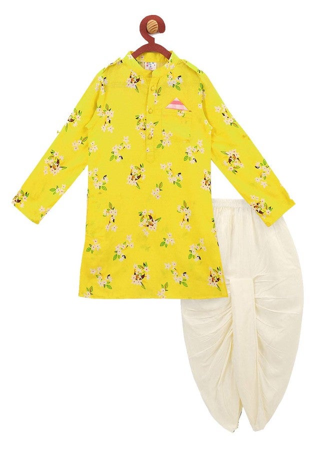 LILPICKS Boys' Cotton Floral Print Straight Dhoti Kurta Set (Yellow, 2-3Y) - Image 1