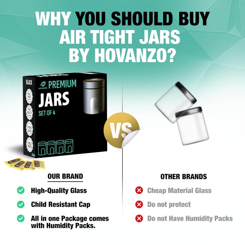 HOVANZO Premium Airtight Glass Storage Jars 120ml with 69% Humidity Control 4 Packs - UV Air Tight Jars with Child-Resistant Lid - Airtight Jar Container, Air Tight Storage,Storage Jars for Herb/Spice - Image 2