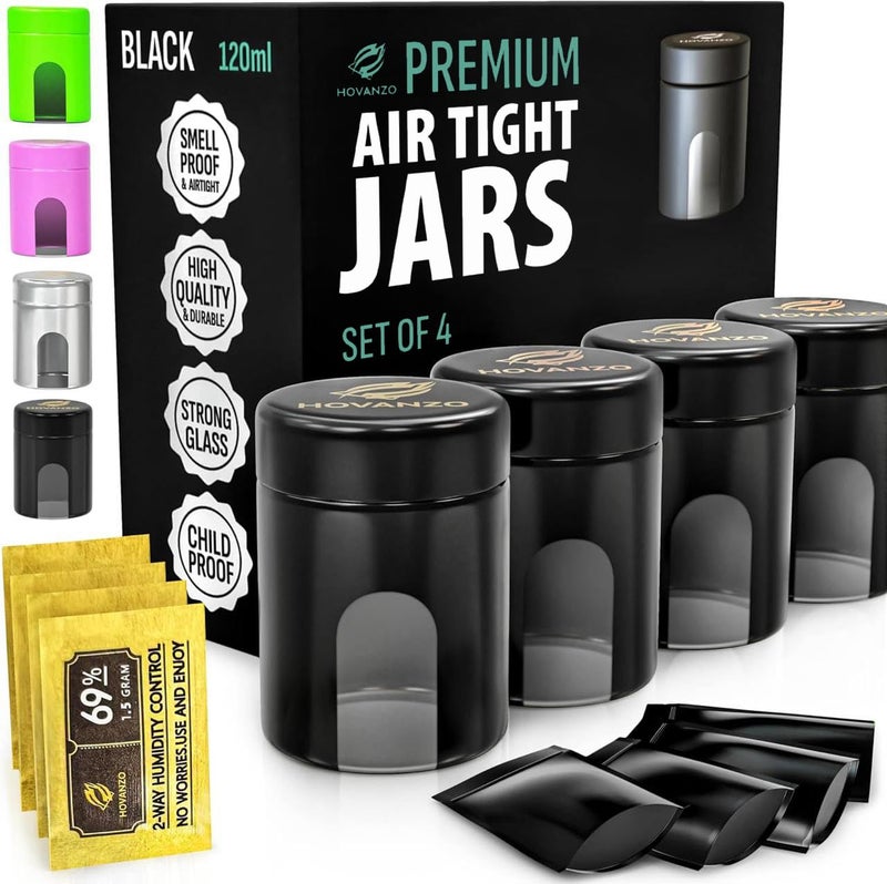 HOVANZO Premium Airtight Glass Storage Jars 120ml with 69% Humidity Control 4 Packs - UV Air Tight Jars with Child-Resistant Lid - Airtight Jar Container, Air Tight Storage,Storage Jars for Herb/Spice - Image 1