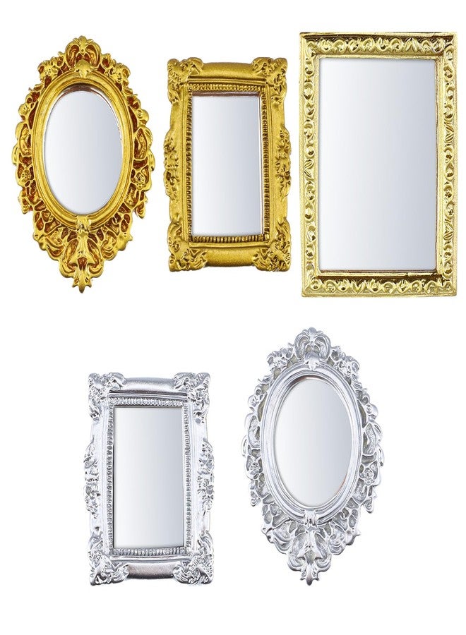 Sibba Mini Picture Frames 5 PCS Vintage Dollhouse Mirrors with Carved Golden Edges European Baroque Wall Decor Miniature Furniture Accessory for 1/12 Dollhouse Display Christmas Home Decor Gold&Silver - Image 1
