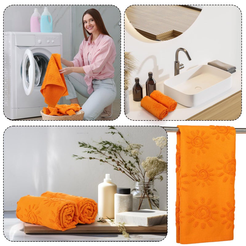 SmoothNovelty 2 Pcs Boho Hand Towels Orange Yellow Towels for Bathroom Sunshine Cotton Absorbent Jacquard Weave 3D Sun Kitchen Decor for Gift Christmas Drying Cleaning Cooking(Orange) - Image 5
