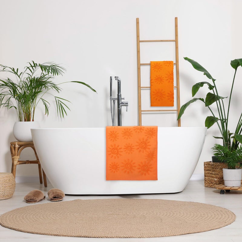SmoothNovelty 2 Pcs Boho Hand Towels Orange Yellow Towels for Bathroom Sunshine Cotton Absorbent Jacquard Weave 3D Sun Kitchen Decor for Gift Christmas Drying Cleaning Cooking(Orange) - Image 4
