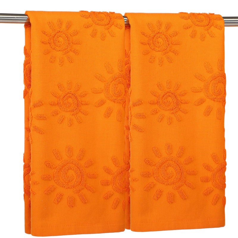 SmoothNovelty 2 Pcs Boho Hand Towels Orange Yellow Towels for Bathroom Sunshine Cotton Absorbent Jacquard Weave 3D Sun Kitchen Decor for Gift Christmas Drying Cleaning Cooking(Orange) - Image 1