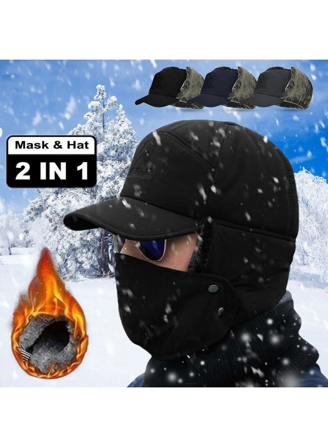 Iywish Men Winter Trapper Hats Ushanka Ear Flaps Hats Aviator Snow Windproof Thermal Faux Fur Warm Hunting Skiing Cycling Cold Weather Hats Earflaps Baseball Caps Dad Hats with Face Mask - Image 2