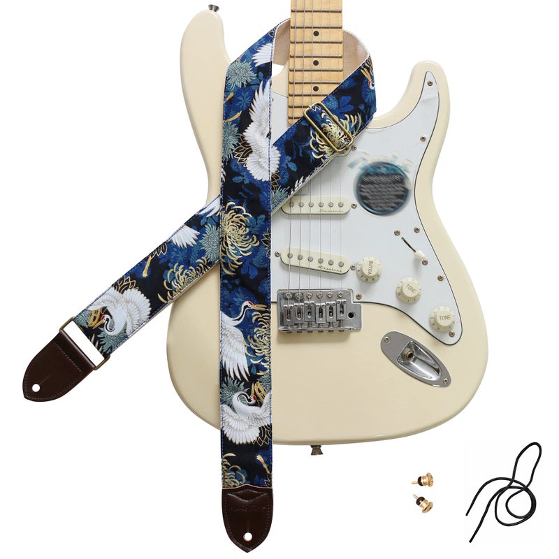 MUSIC FIRST Original Design 2 inch width 5cm Vintage Ukiyoe Style Chrysanthemum Crane in Blue Electric Guitar Strap Bass Strap Chrysanthemum Crane in Blue - Image 2